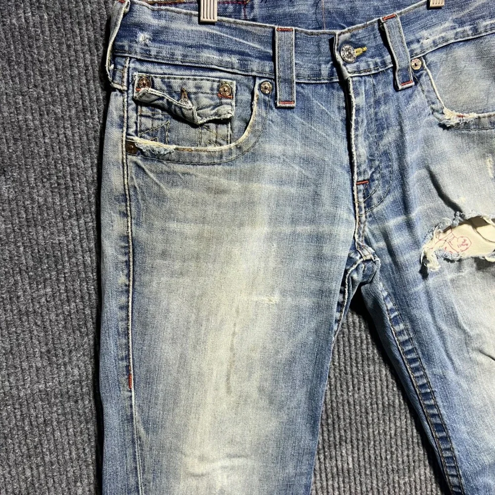 True Religion Joey Jeans Mens 32 Blue Distressed Flare Twisted Seam Made in USA